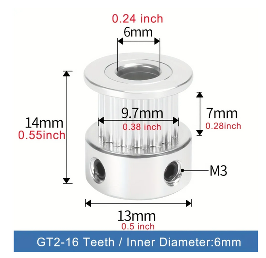 Aluminum GT2 Timing Pulley 16Tooth 6mm Bore For 6mm Belt MAKERJUNCTION
